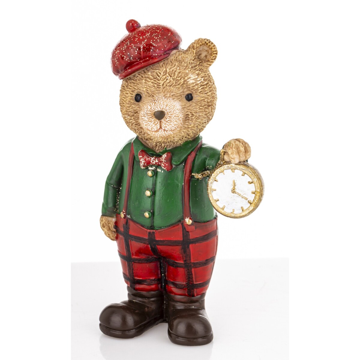 Figurka - Miś brązowy pracownik z zegarkiem w zielonej koszuli 12,5x7x5 cm