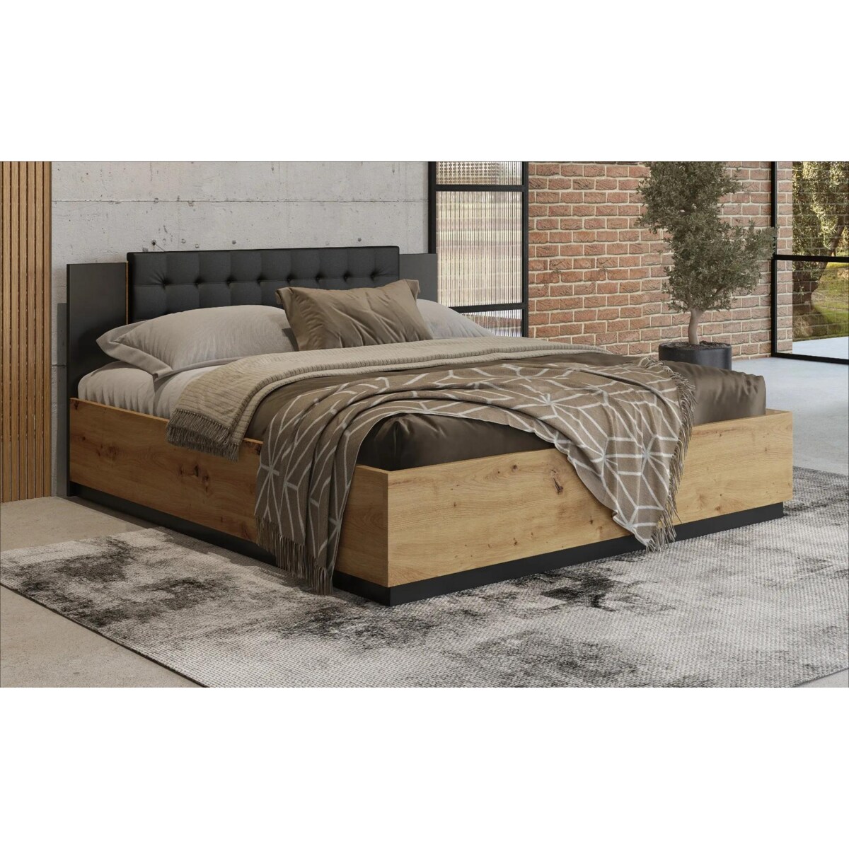 Łóżko SIGMA 160x200 dąb artisan/czarny mat z tapicerowanym zagłówkiem