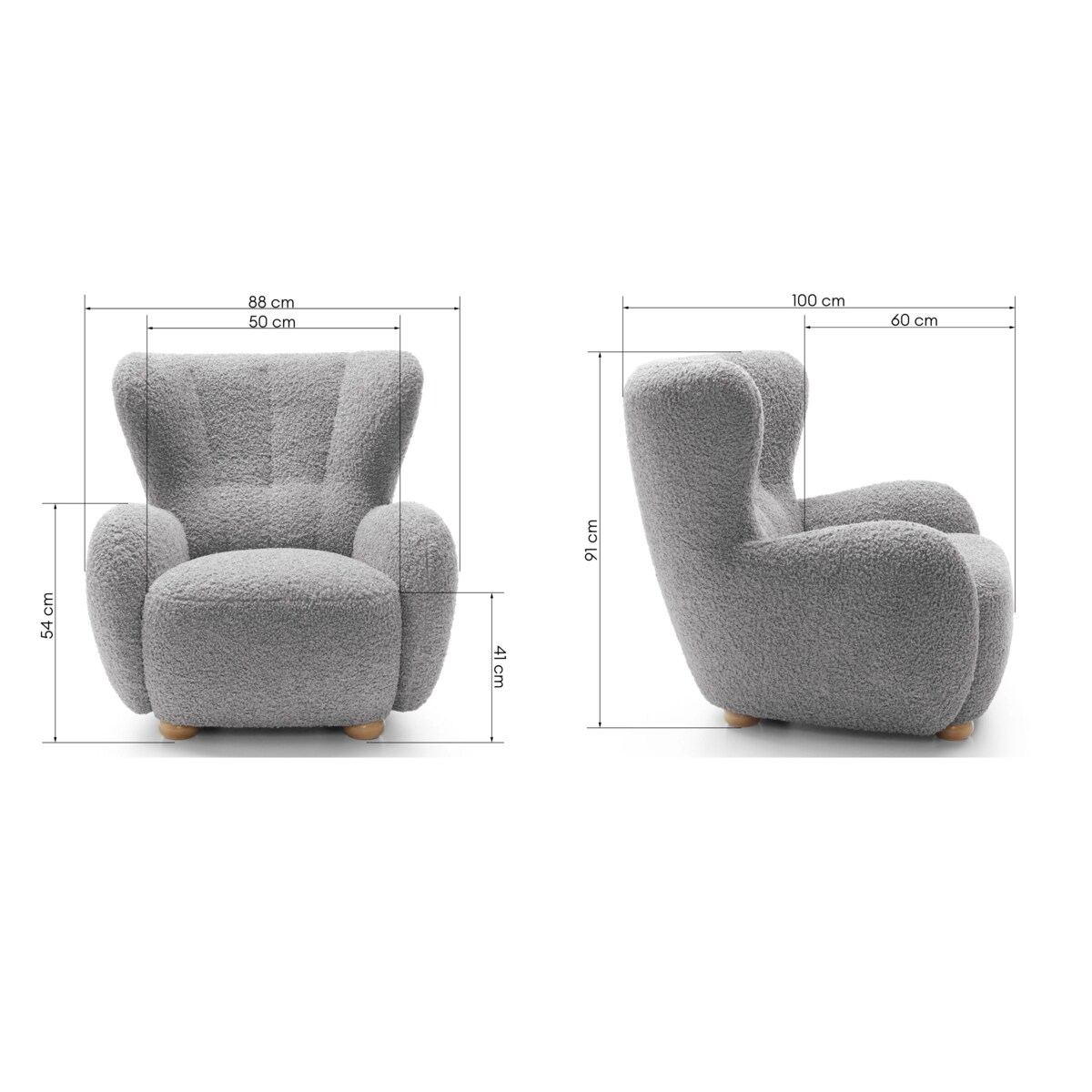 Fotel uszak boucle 91x88x100 cm POLTRONA szary