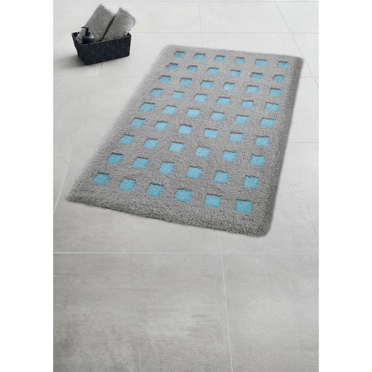 Kleine Wolke Boxes Dywanik łazienkowy kwadraty szary niebieski opal 80x140 cm poliakryl antypoślizgowy