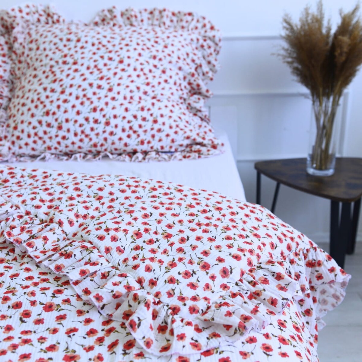 Pościel muślinowa z falbanką maki 200x200 + 2x50x60