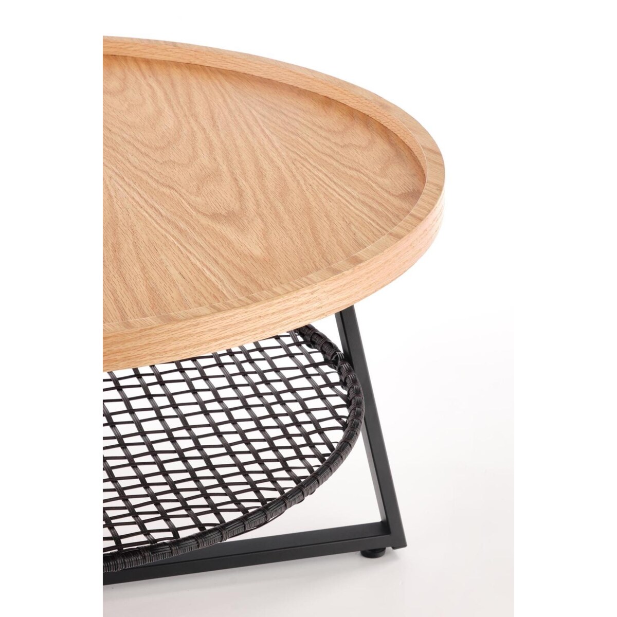 STOLIK KAWOWY Florence dąb OKRĄGŁY 80/45 cm półka z rattanu