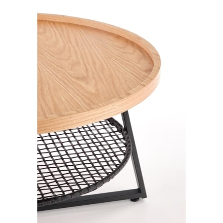 STOLIK KAWOWY Florence dąb OKRĄGŁY 80/45 cm półka z rattanu