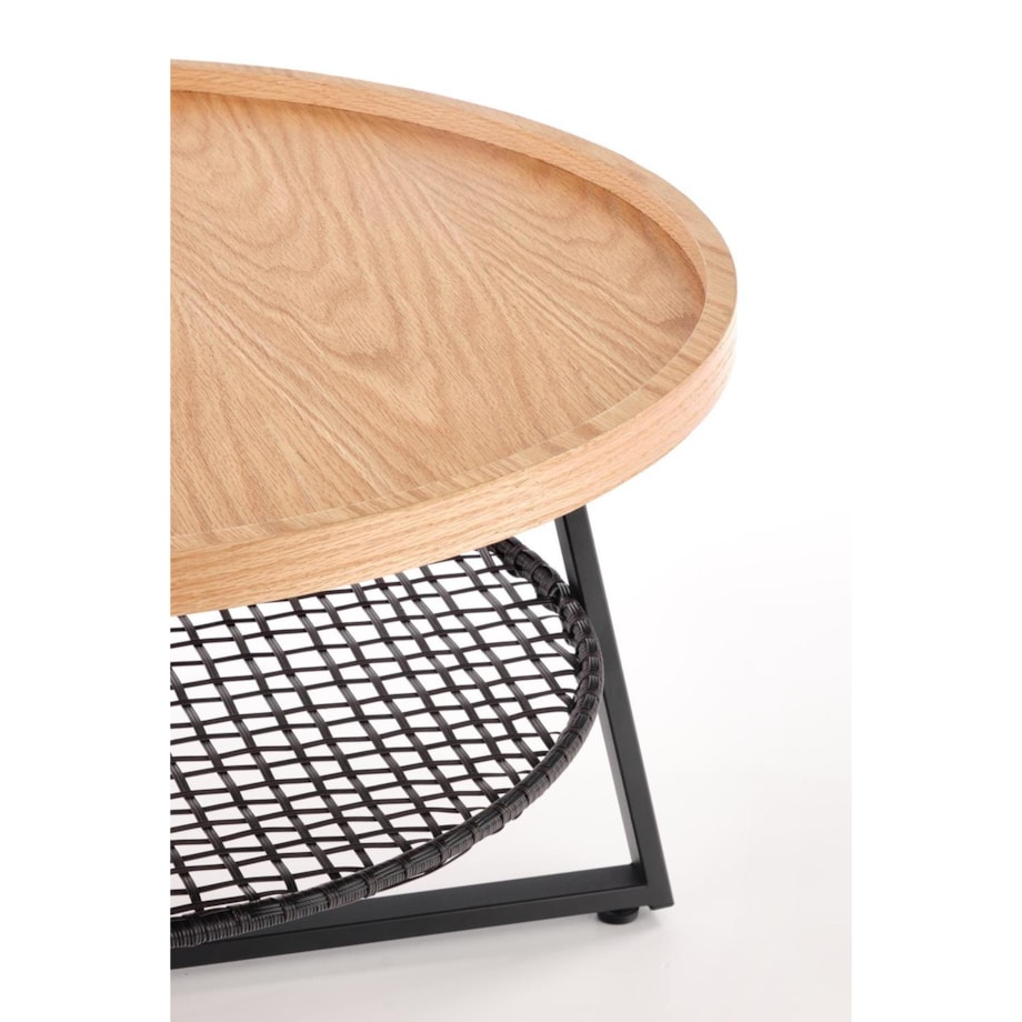 STOLIK KAWOWY Florence dąb OKRĄGŁY 80/45 cm półka z rattanu