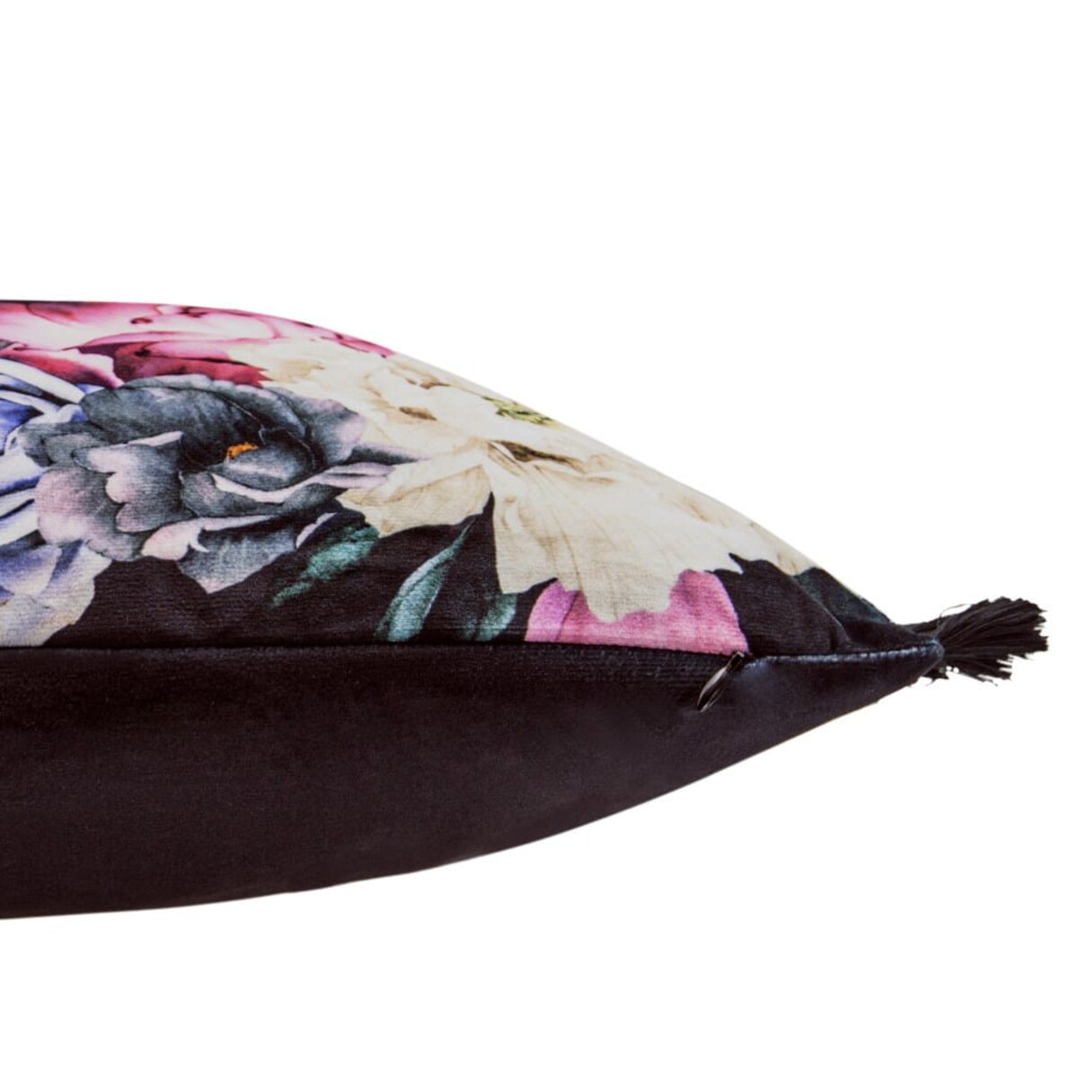 Poszewka dekoracyjna 43x43 fioletowa w kwiaty z frędzlami