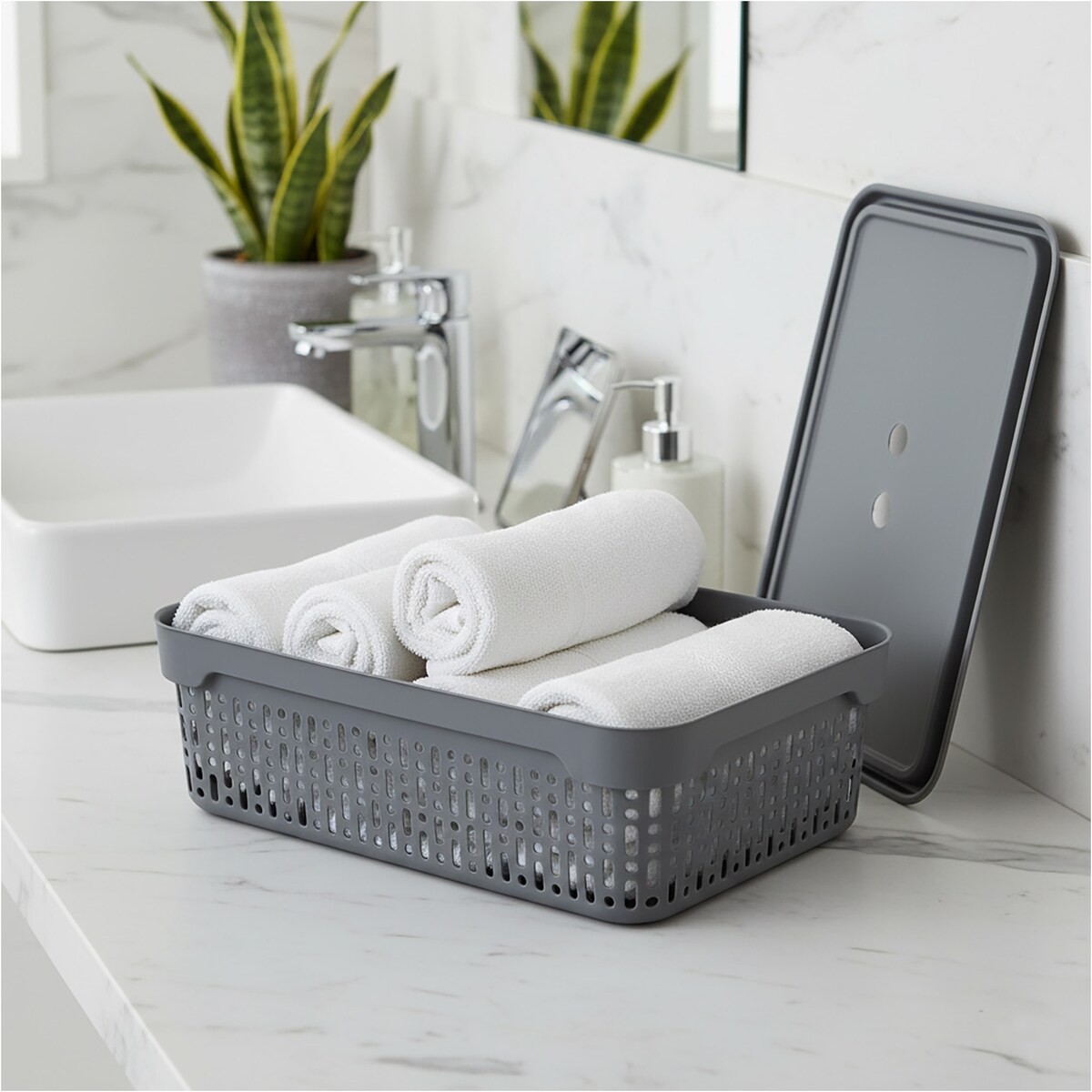 Koszyk Koszyczek Ażurowy M Plastikowy Na Kosmetyki Do Łazienki Pojemnik Z Pokrywką Zamykany Z Dziurkami Szary