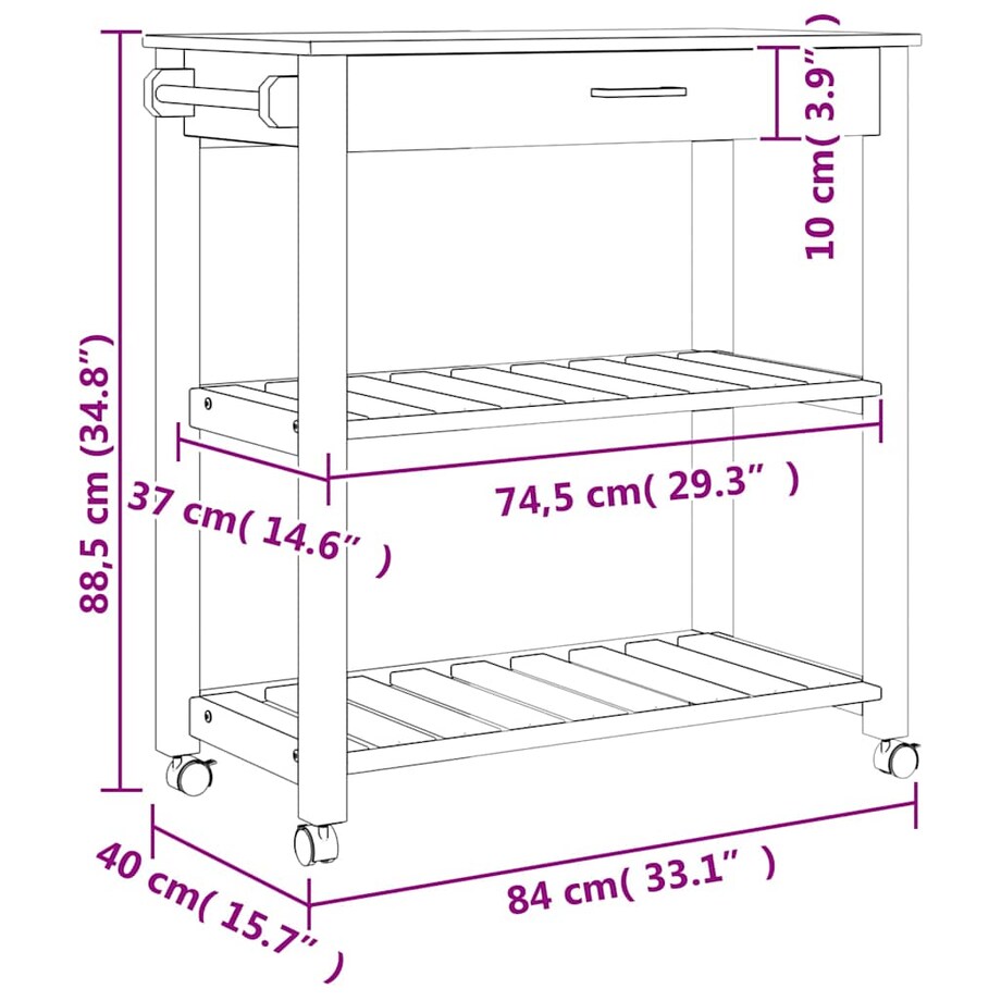 vidaXL Wózek kuchenny MONZA, 84x40x88,5 cm, lite drewno sosnowe
