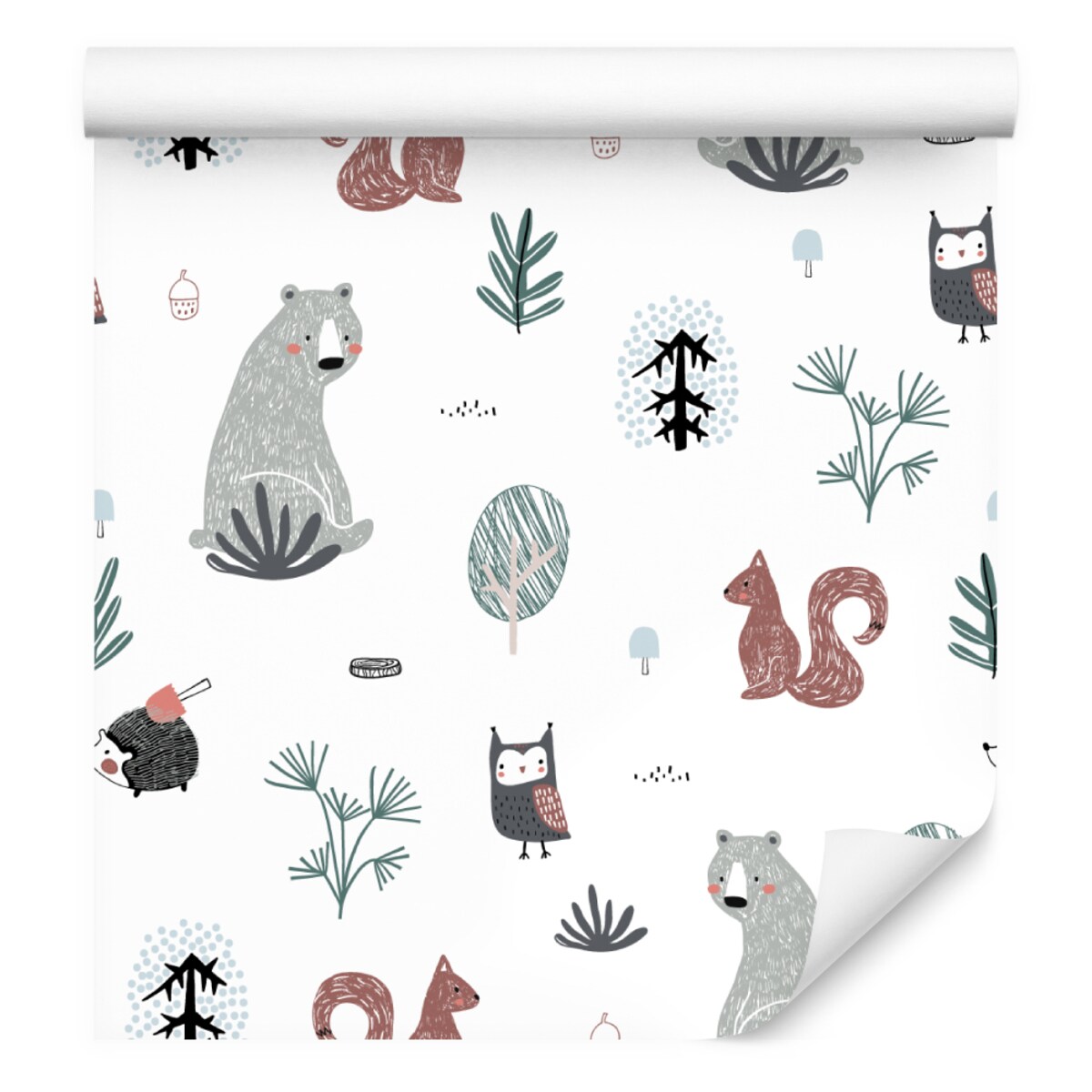 Tapeta Dziecięca MISIE Sowy Wiewiórki Jeże Drzewa