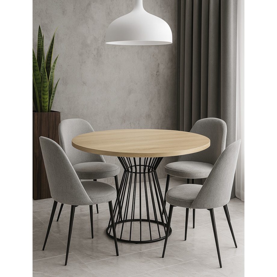 Okrągły stół Reo do salonu z metalową podstawą, blat 90 cm- dąb sonoma
