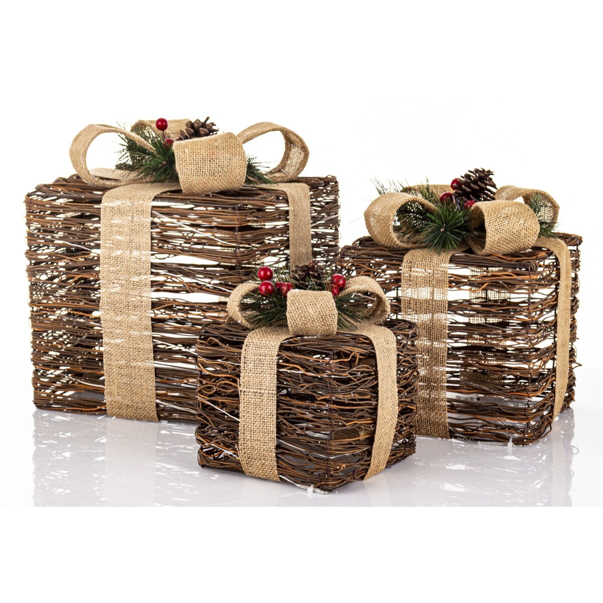 Dekoracja pudełka 3 szt. świecące LED 30x26x26 i 25x21x21 i 18x17x17 cm GEMARA brązowy i czarny