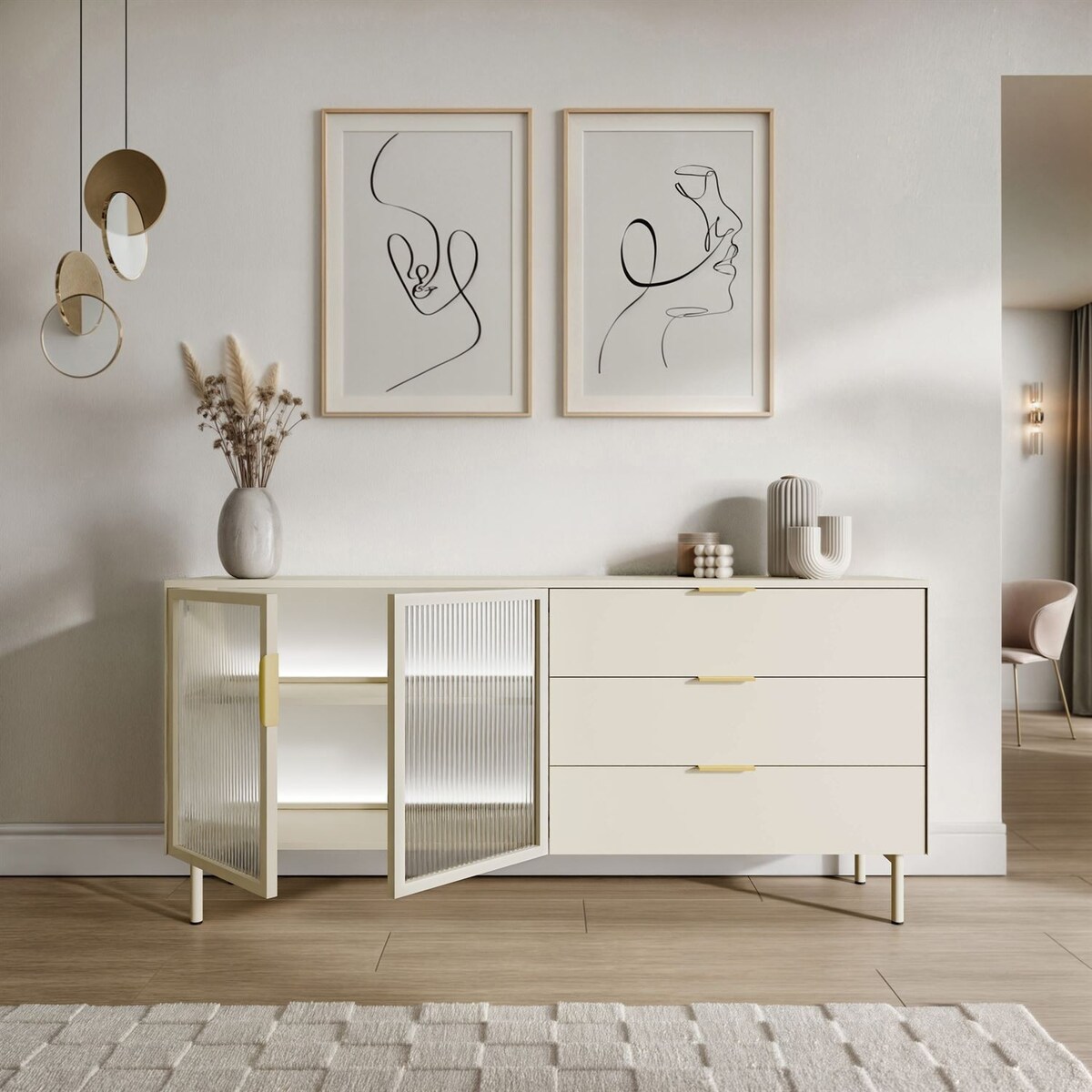 Komoda LINEA 2D3S z szufladami i oświetleniem LED, kaszmir