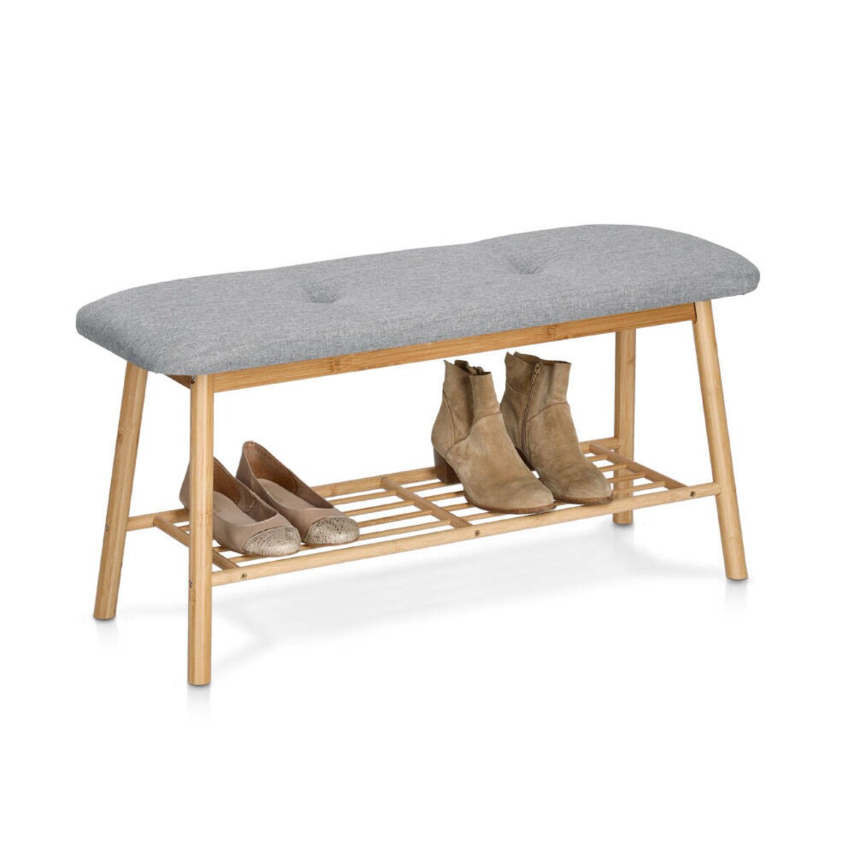 Tapicerowana ławka z półką na buty, bambus + len