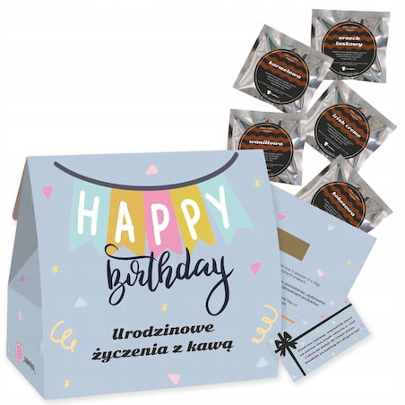 Drobny urodzinowy zestaw prezentowy torebka pudełko z kawą aromatyzowaną - 5 różnych smaków kawy arabica w saszetkach po 10g - prezent dla kobiety faceta