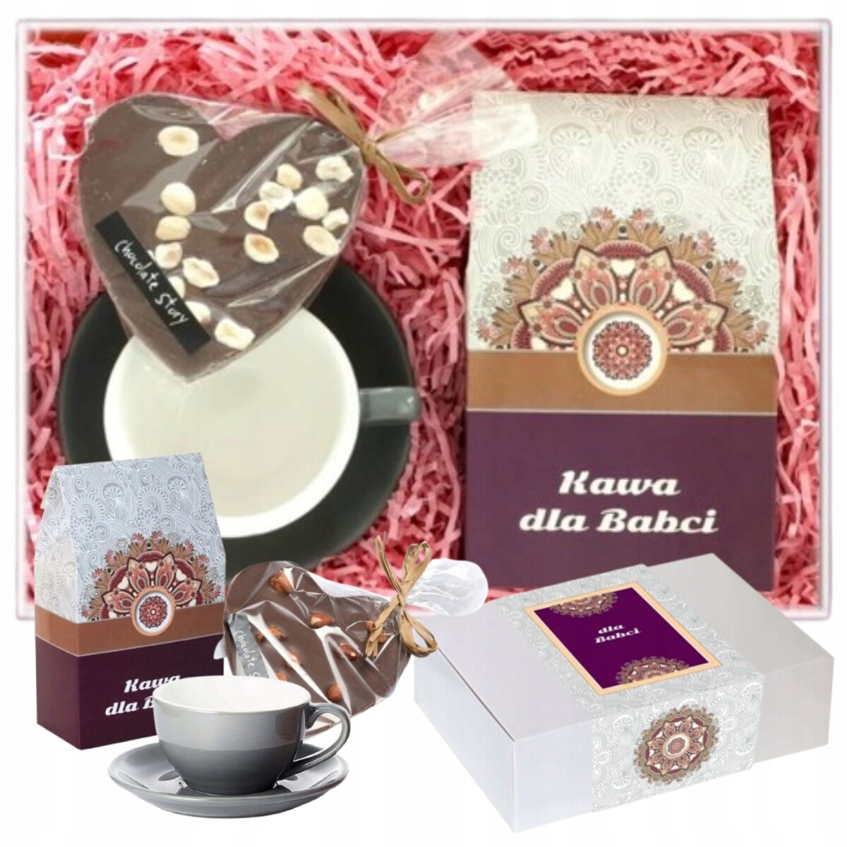 Klasyczny Duży kawowy ZESTAW BOX z czekoladowym sercem DLA BABCI PREZENT