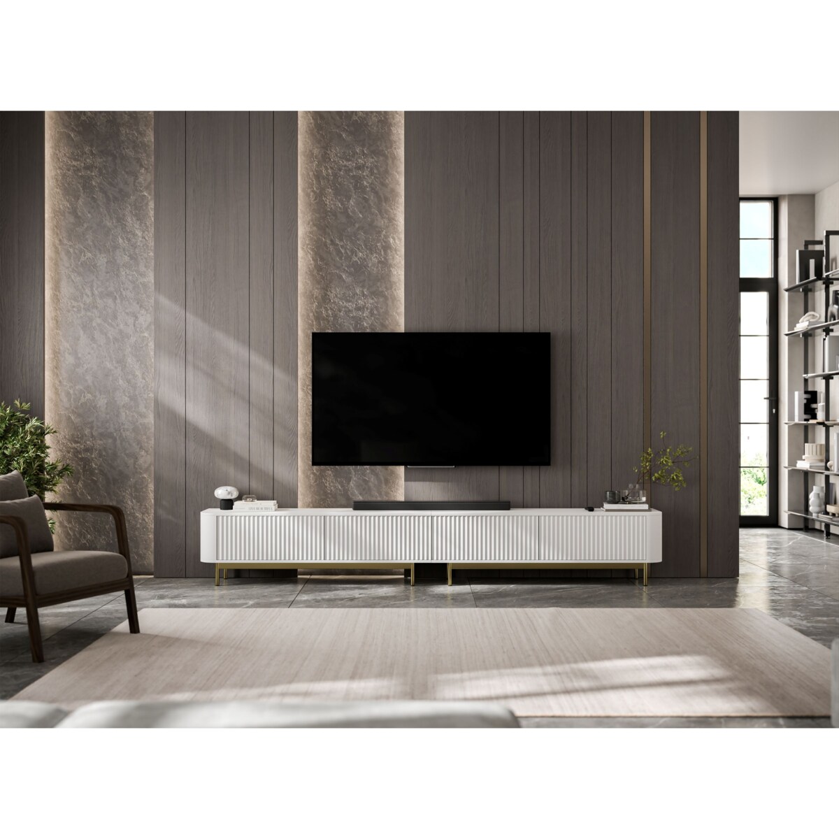 Szafka RTV Komoda RTV 280 cm Glamour Biały Mat Złoty Stelaż