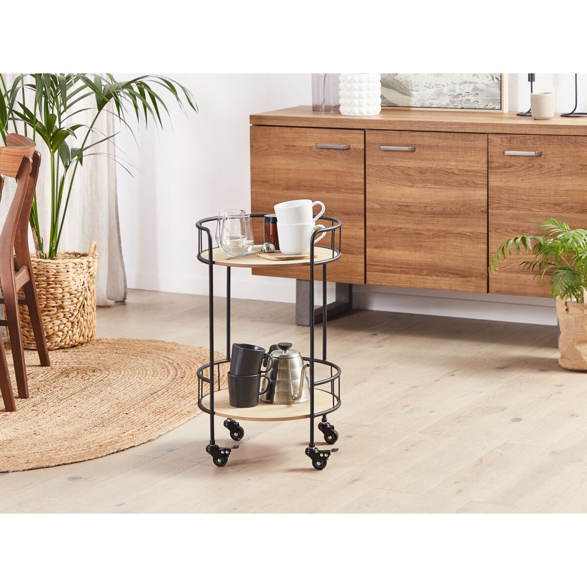 Metalowy wózek kuchenny 2-poziomowy jasne drewno z czarnym HIKO