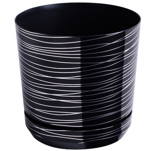 16 cm wzór CZARNA ZE SREBRNĄ NITKĄ Doniczka z podstawką glamour lustrzane srebrne paski połysk
