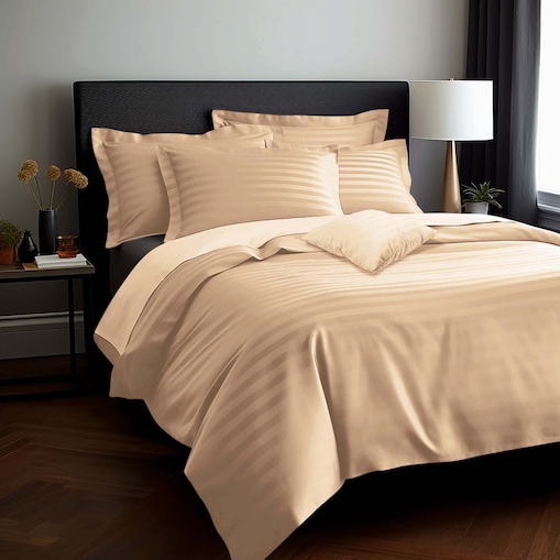 Pościel bambusowa satyna bawełniana 180x200 Bamboo paski, beżowa