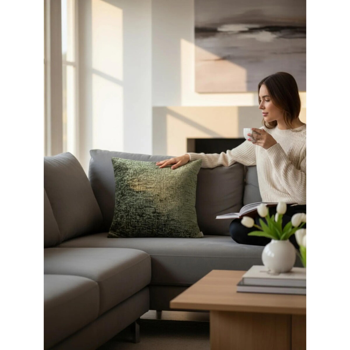 Duża zielona poduszka 50x50 Bess - ciemna oliwka