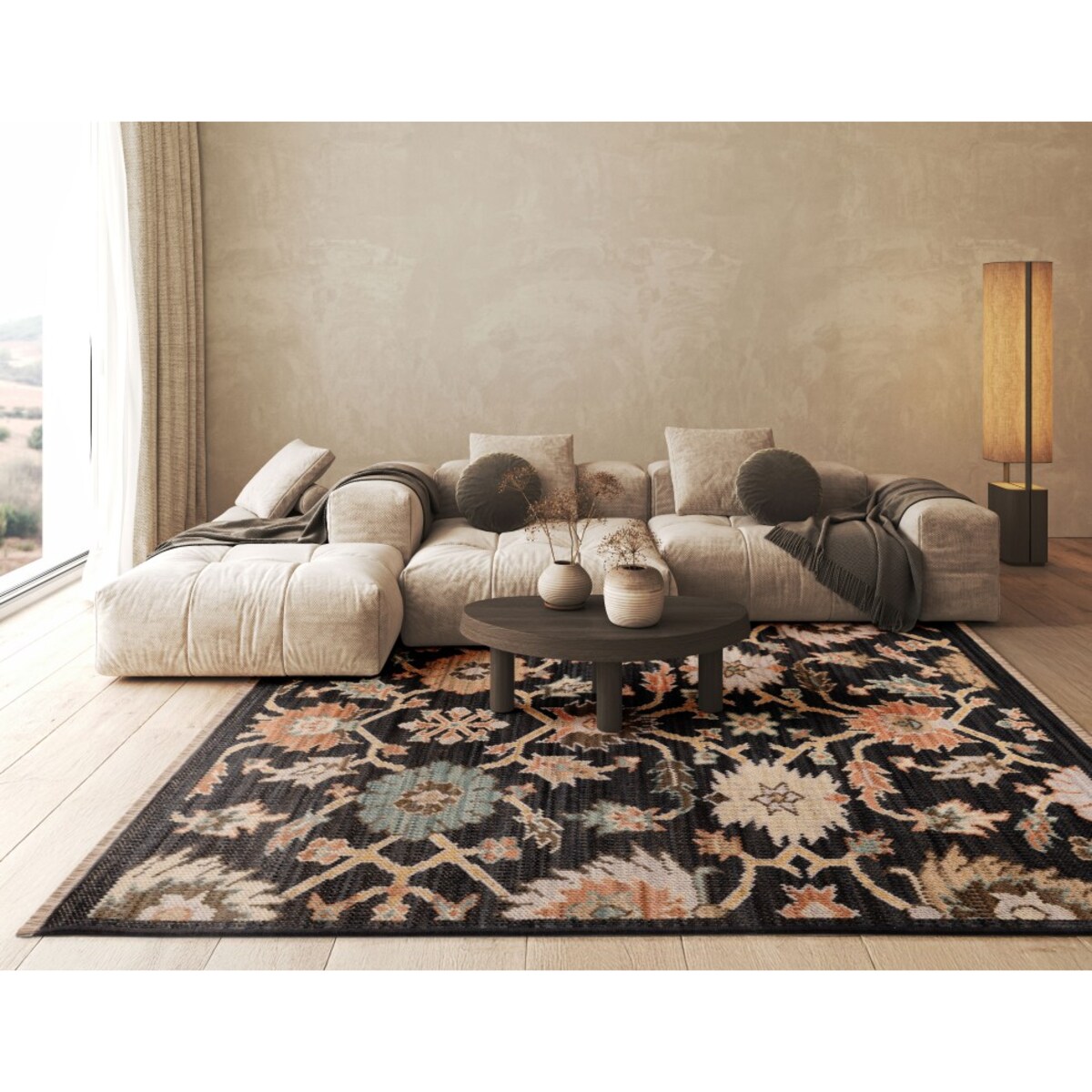 Dywan Wełniany Royal Wool 120x168 cm z frędzlami kwiaty czarny