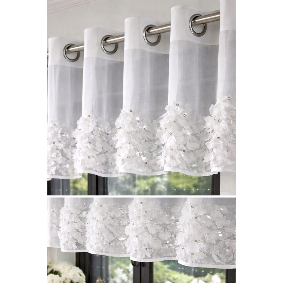 Firana PŁATKI CRYSTAL 3D SZYFON biała z CYRKONIAMI | 400X90 cm PRZELOTKA
