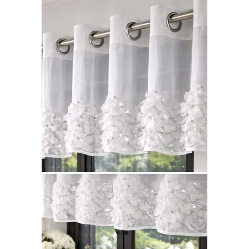Firana PŁATKI CRYSTAL 3D SZYFON biała z CYRKONIAMI | 400X90 cm PRZELOTKA