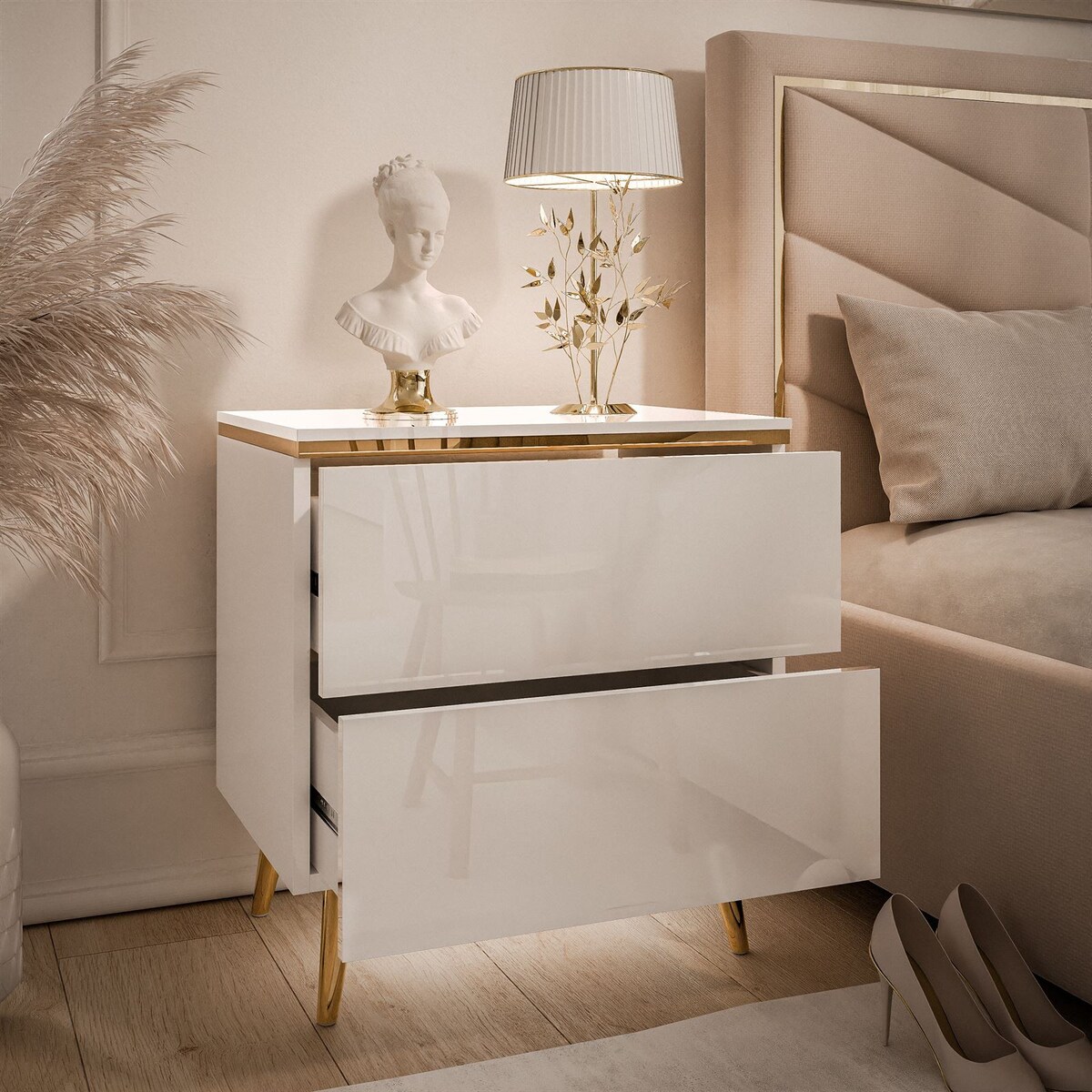 Stolik nocny AURORA II biały połysk nogi skośne LED