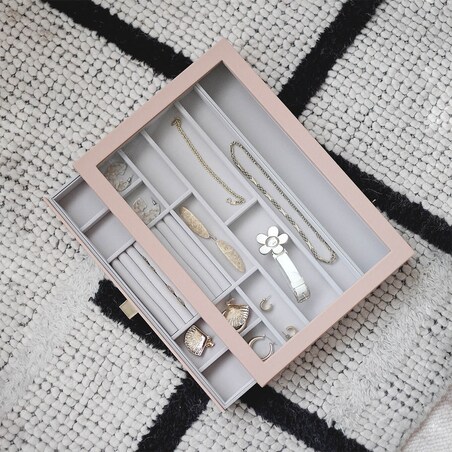 Szkatułka na biżuterię Stackers 16 komorowa supersize różowa z szufladą i szklaną pokrywką