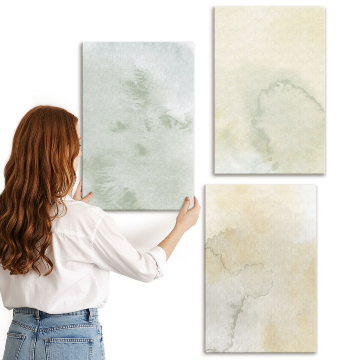 Zestaw 3 dużych obrazów na płótnie - Pastelowe akwarele tekstury - kremowy