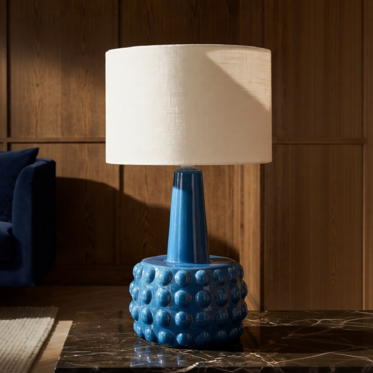 Lampa stołowa Gress, kolor niebieski i biały, ceramika, żelazo i tkanina, 30 x 30 x 51,5 cm, 1 x E27, max. 40 W, styl nowoczesny, Mauro Ferretti