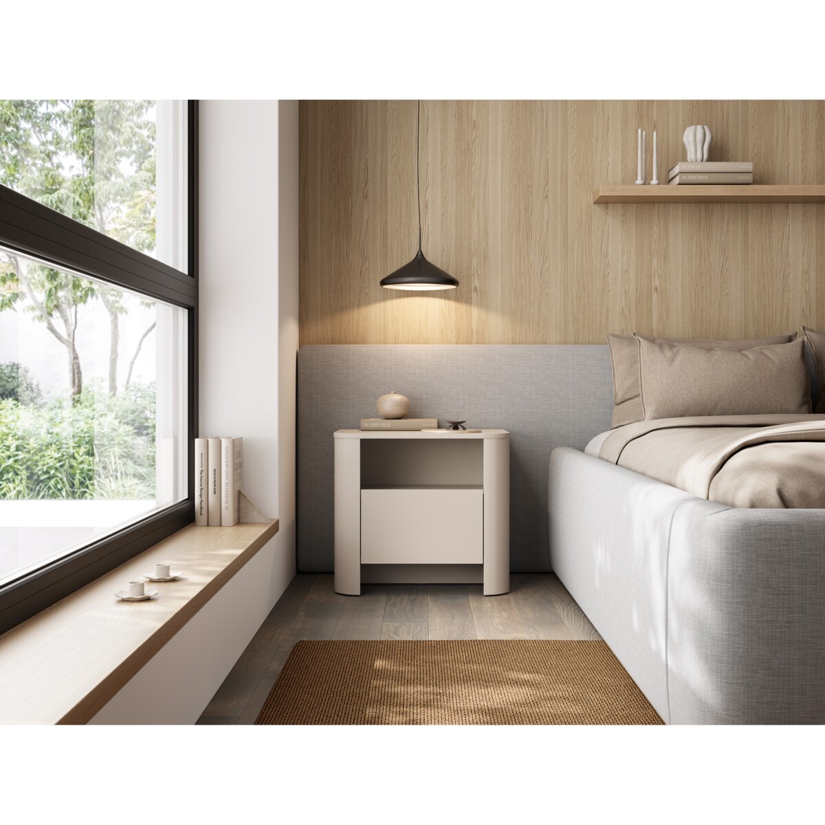 Szafka nocna BALI o zaokrąglonych kształtach w nowoczesnym stylu kaszmirowa