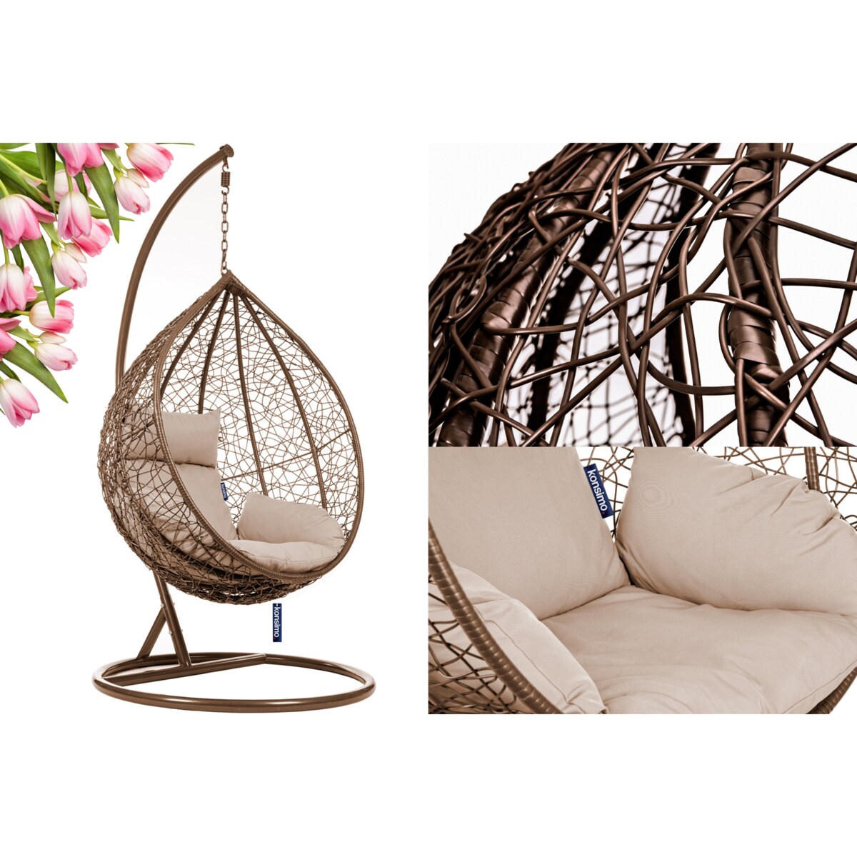 KONSIMO CULLUS Wiszący fotel kokon z technorattanu i pokrowcem, brązowy