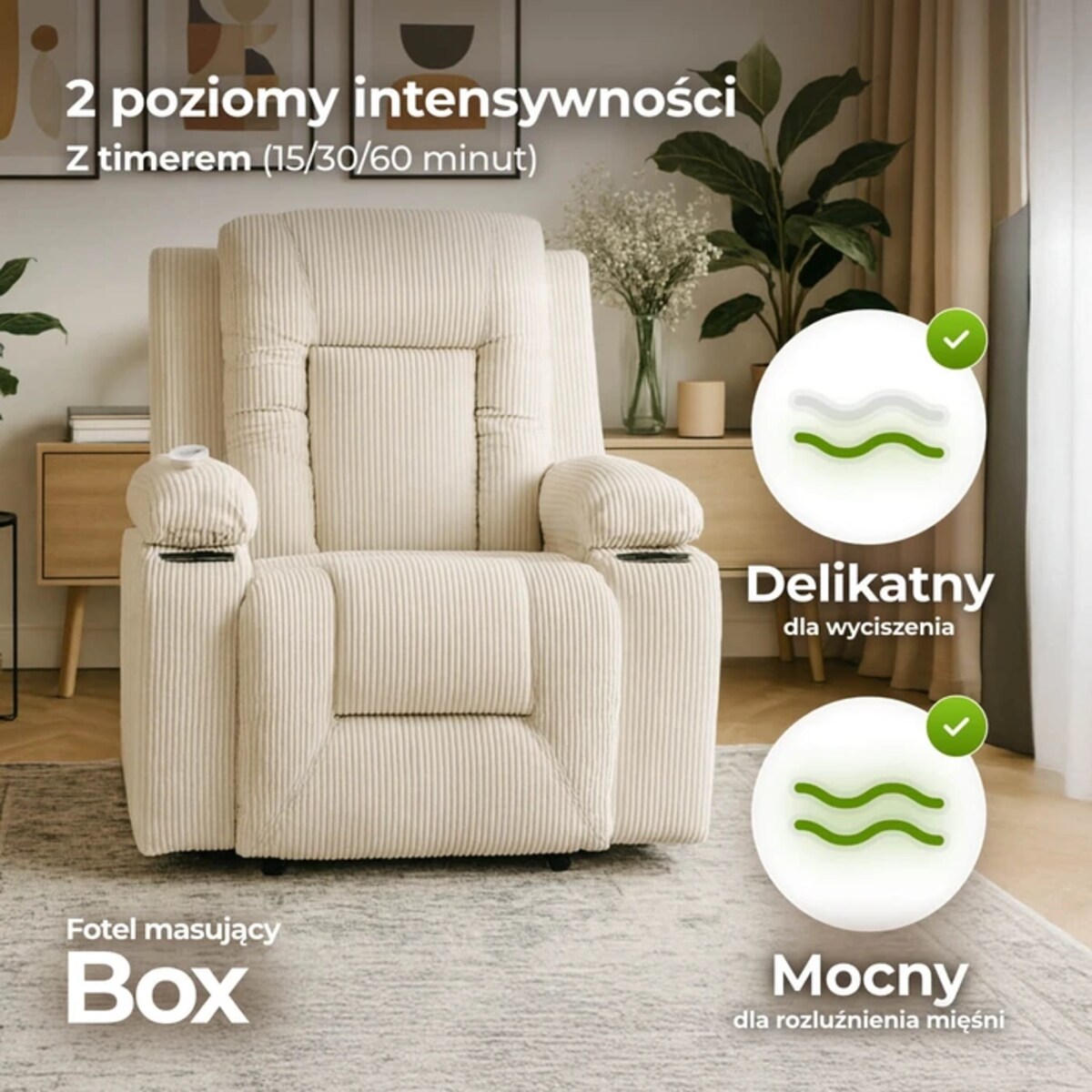 Fotel Masujący Rozkładany z Podnóżkiem Obrotowy 360 Do Salonu Beżowy BOX