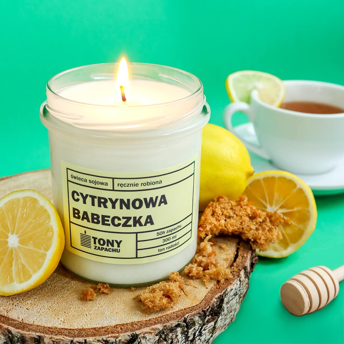 Naturalna ręcznie robiona świeca sojowa zapachowa w szkle CYTRYNOWA BABECZKA 50h palenia 300ml - prezent upominek dla kobiety mamy dziewczyny żony babci niej