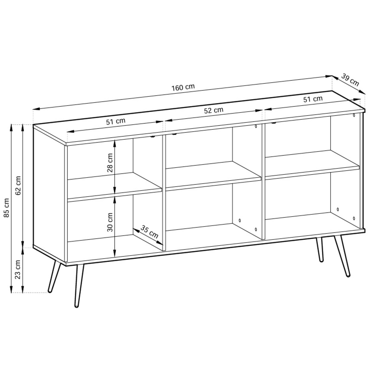Komoda 160 POLO na wysokich czarnych nóżkach, ryflowane fronty, czarna