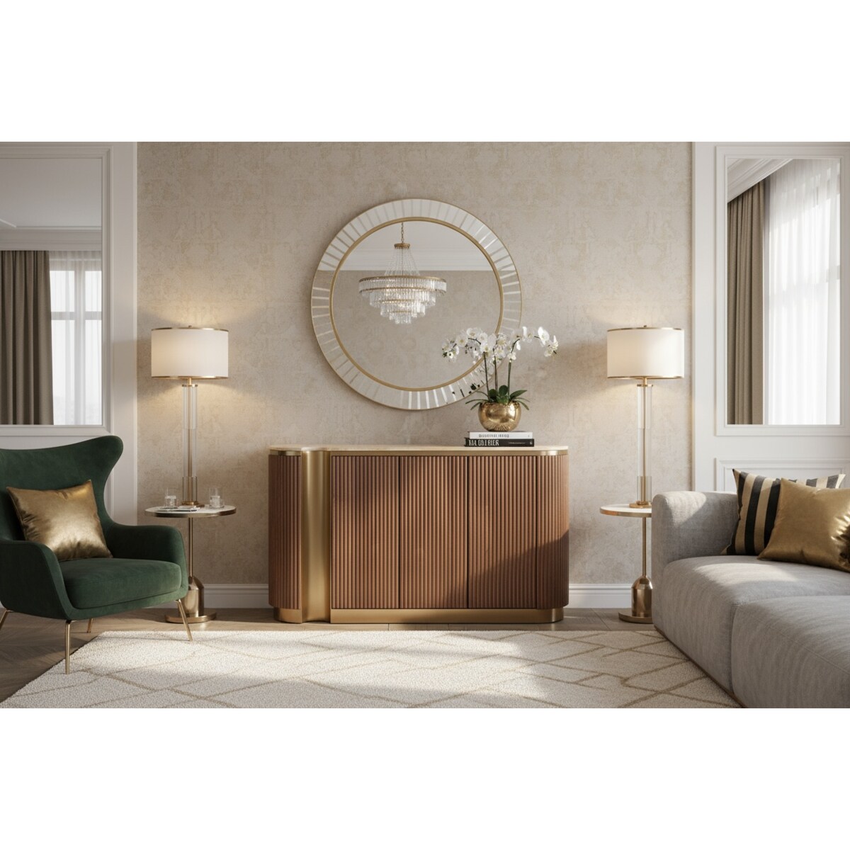 Ryflowana komoda drewniana brązowa złota Nutris Glamour Premium z blatem marmurowym 158x40x88