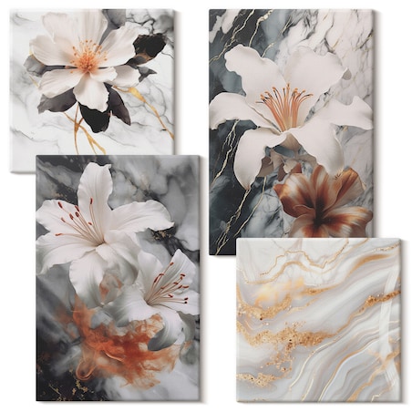 Zestaw 4 obrazów na płótnie - Kwiaty marmur biel czerń - szary