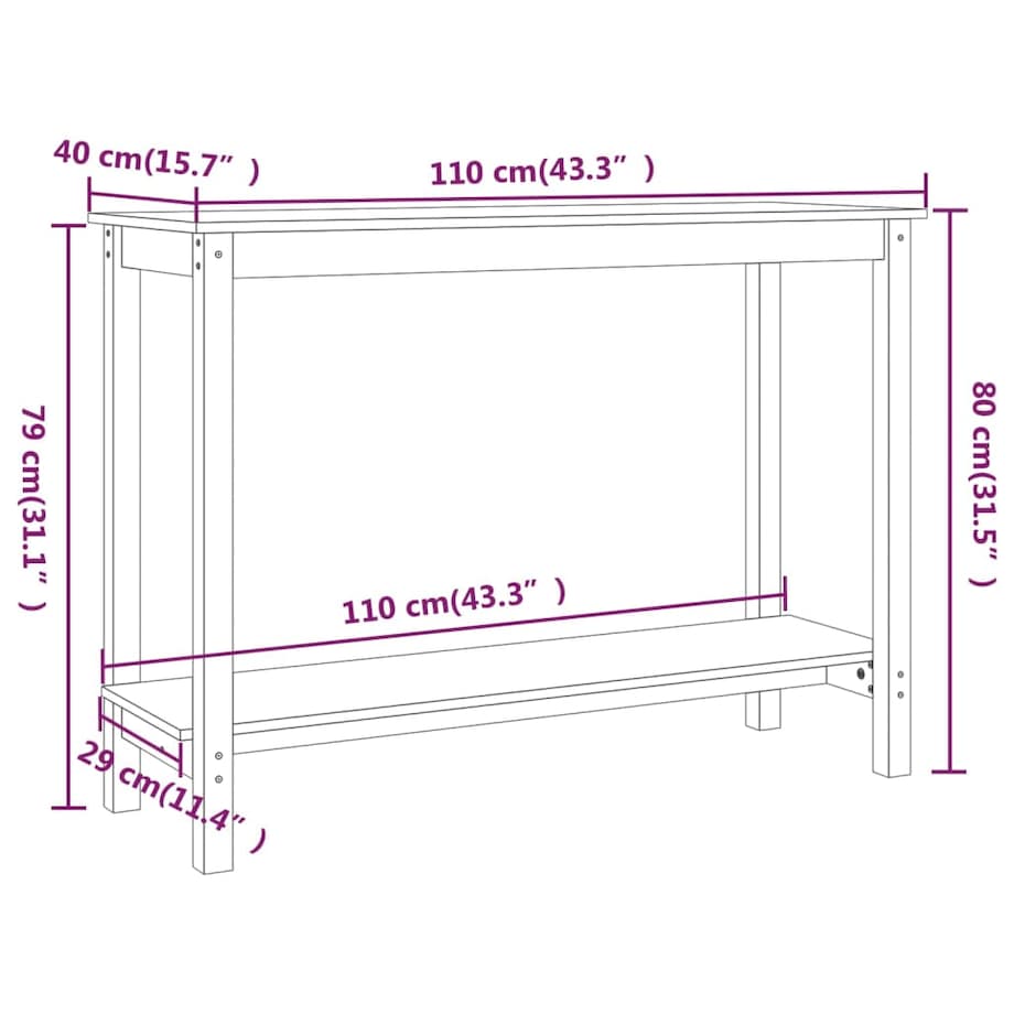 vidaXL Stolik konsolowy, biały, 110x40x80 cm, lite drewno sosnowe