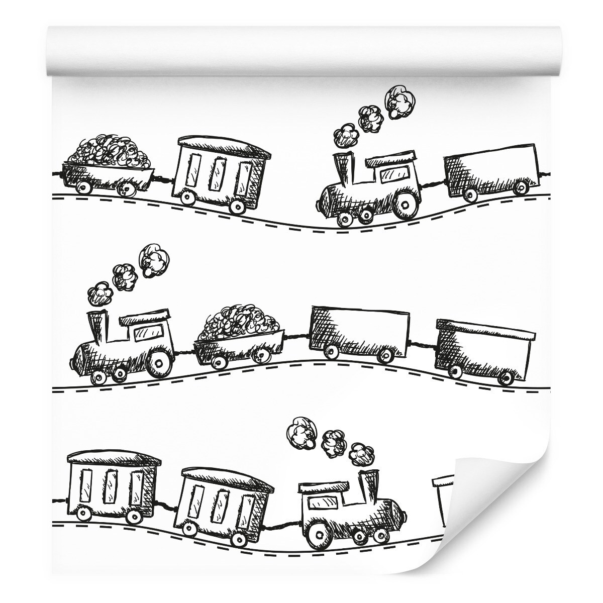 Tapeta Dziecięca Czarno-Białe KOLEJKI Pociągi Parowozy