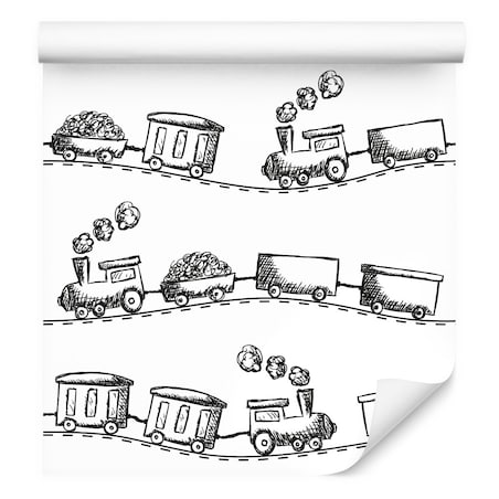 Tapeta Dziecięca Czarno-Białe KOLEJKI Pociągi Parowozy