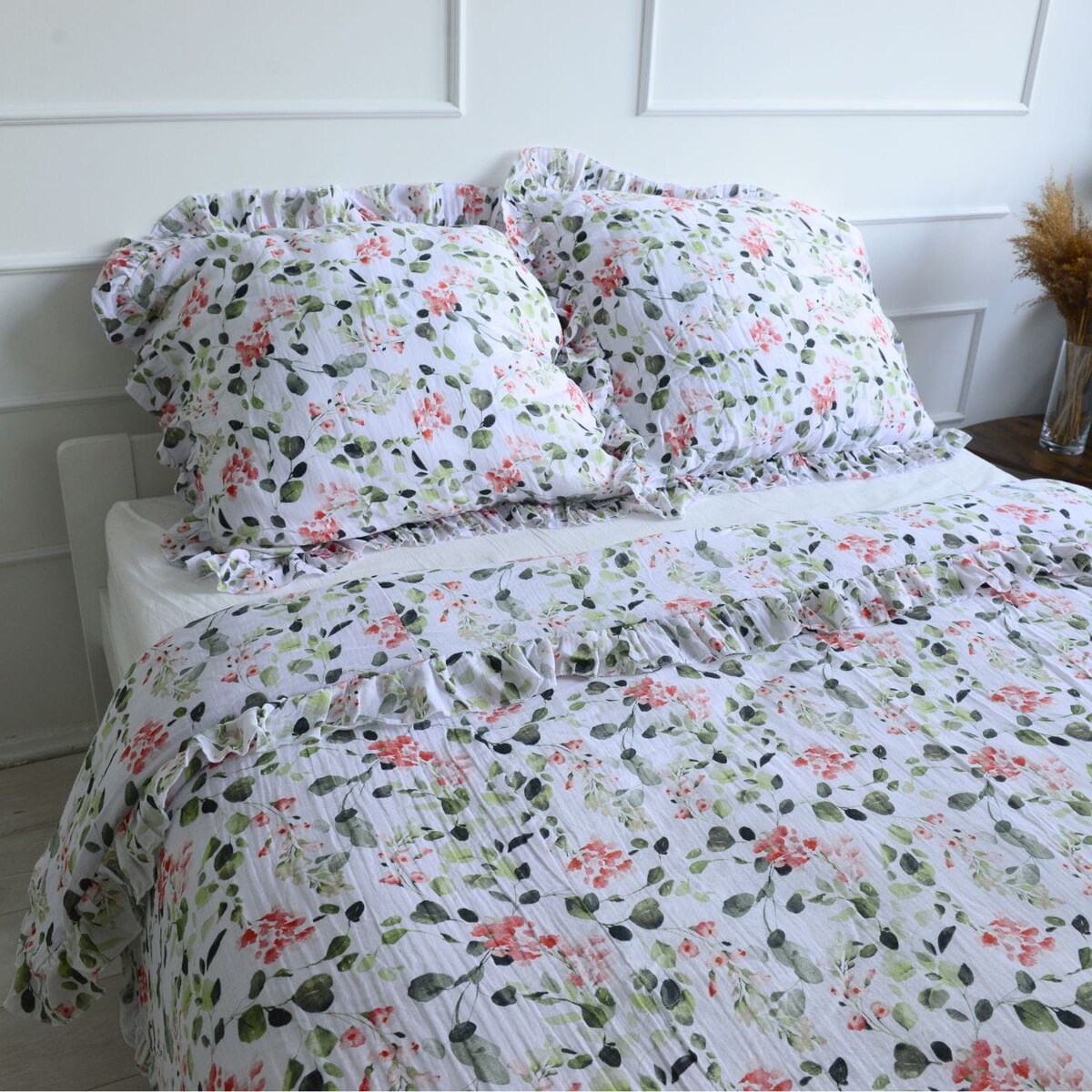 Pościel Muślinowa Z Falbanką Komplet Zestaw Do Sypialni Eukaliptusy 180X200 Cm + 2 Poduszki 70X80 Cm