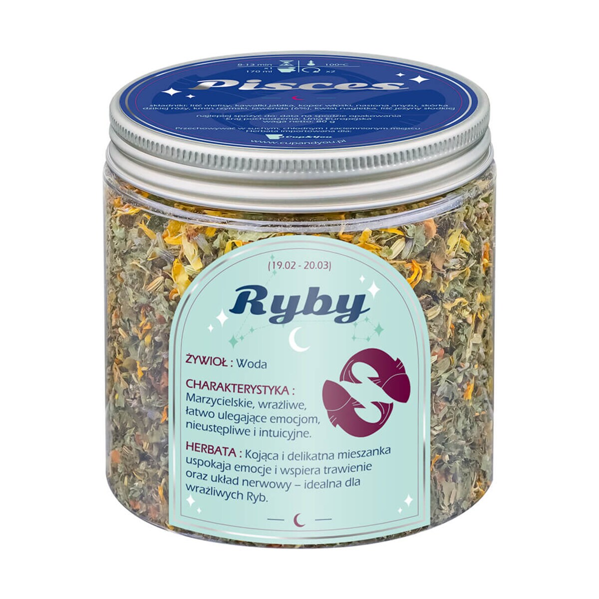 Herbata Zodiakalna RYBY - herbaciany susz napar ziołowa mieszanka na astrologiczny prezent upominek podarunek dla osoby ze znakiem zodiaku RYBY