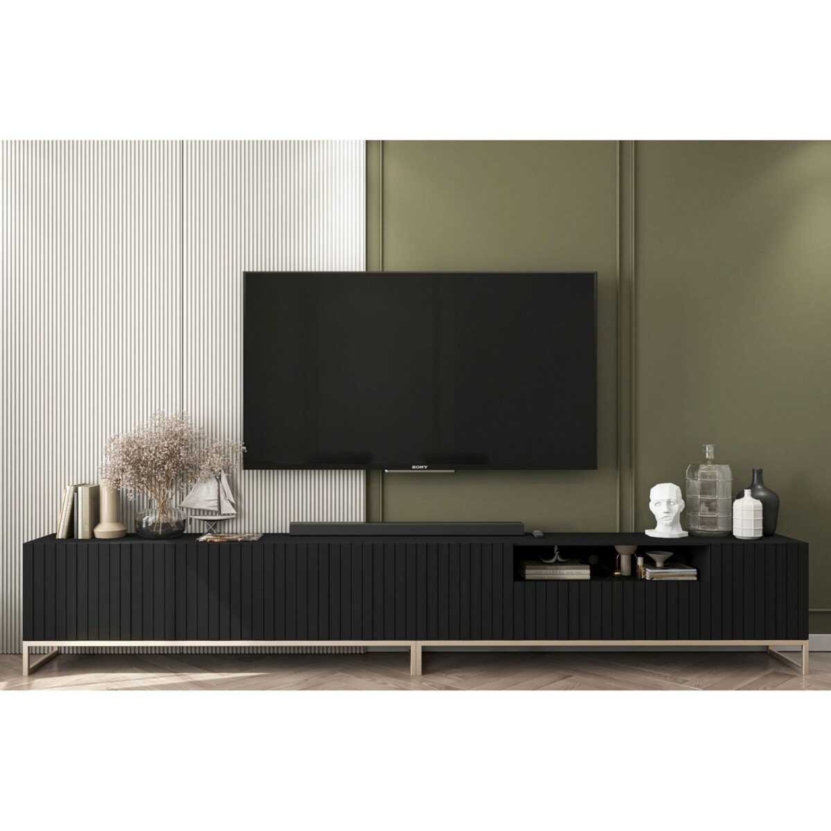 Nowoczesna Szafka RTV Glamour Komoda RTV Ryflowane Fronty Czarny Mat 300 cm