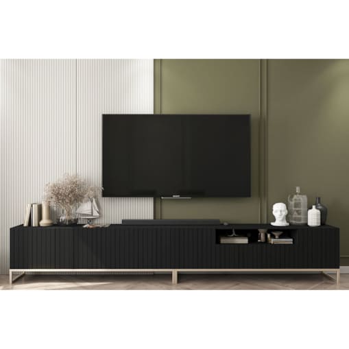 Nowoczesna Szafka RTV Glamour Komoda RTV Ryflowane Fronty Czarny Mat 300 cm