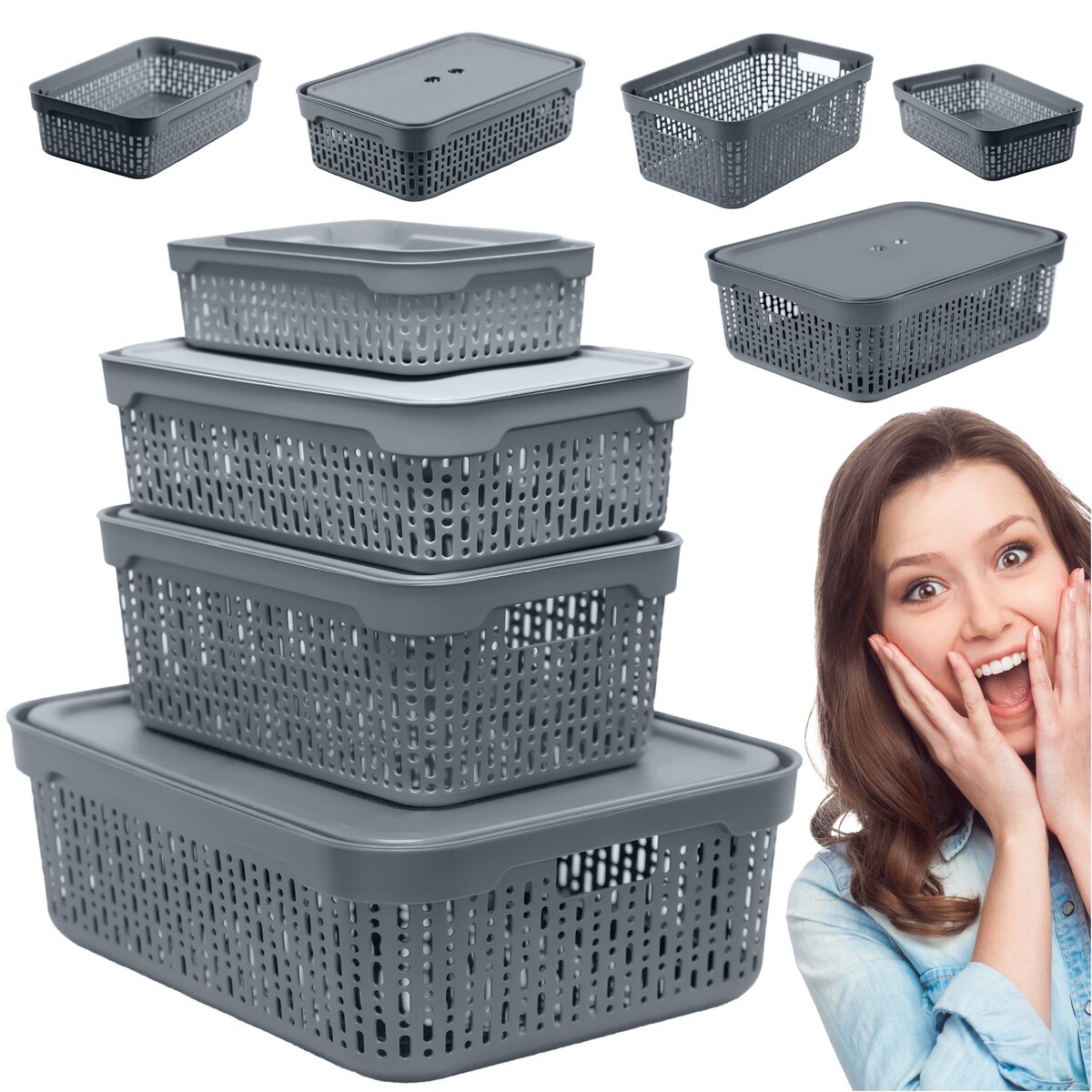 5X Koszyk Koszyczek Ażurowy Plastikowy Na Kosmetyki Do Łazienki Pojemnik Z Pokrywką Zamykany Z Dziurkami Szary Zestaw
