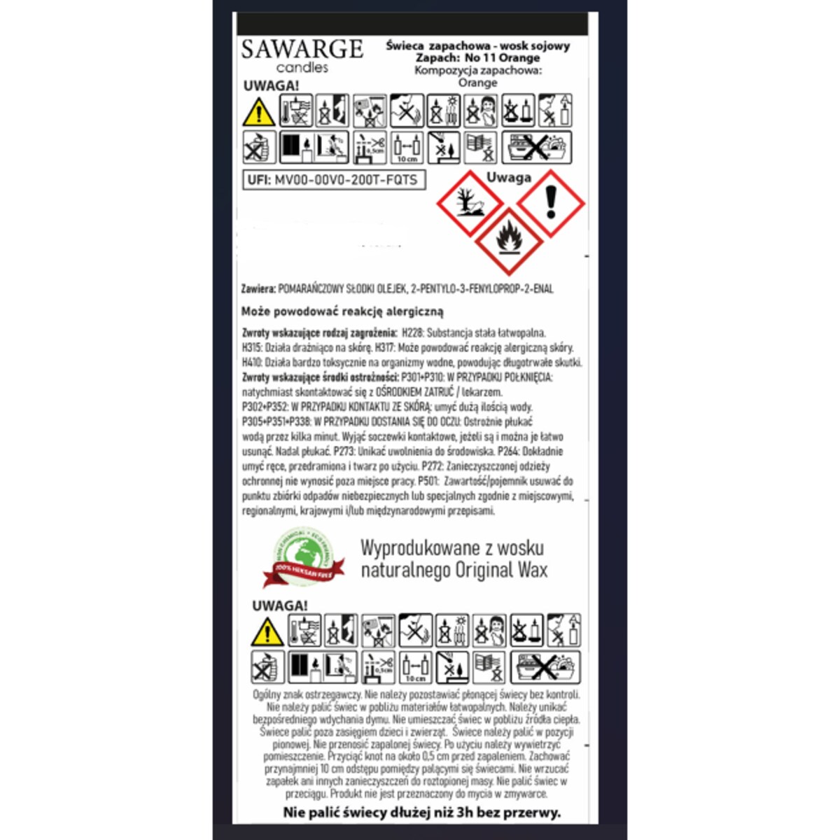 Świeca Zapachowa Sojowa No11 /50h/ Pomarańcza 450g