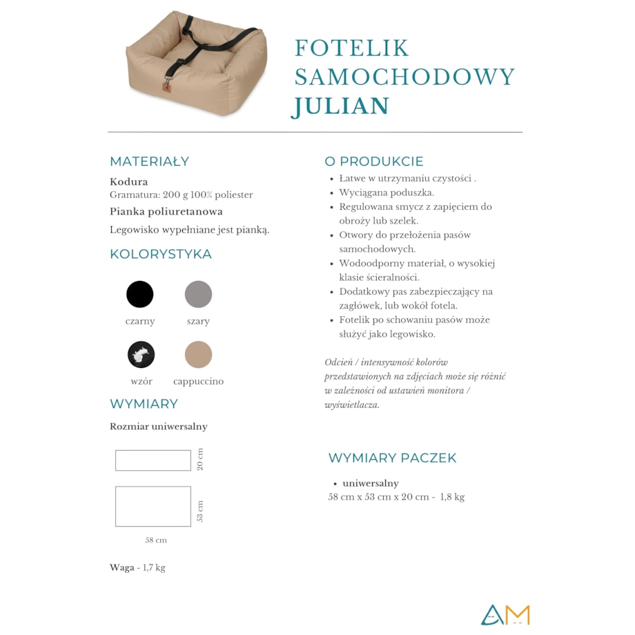 Animood Fotelik samochodowy Julian rozmiar: uniwersalny, kolor: szary, materiał: kodura