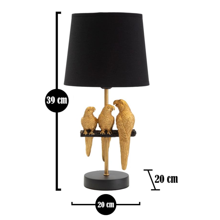 Lampa stołowa Parrots, kolor czarny i złoty, żelazo, PVC i poliester, 20 x 20 x 39 cm, 1 x E27, do salonu i sypialni, Mauro Ferretti