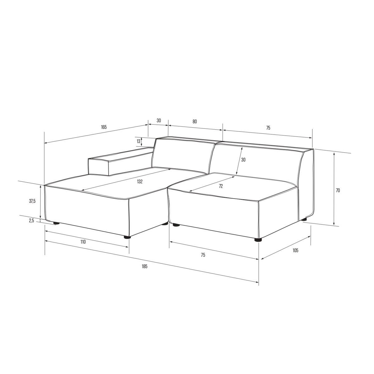 Narożnik lewy 3 osobowy Modularis - Szary Welur
