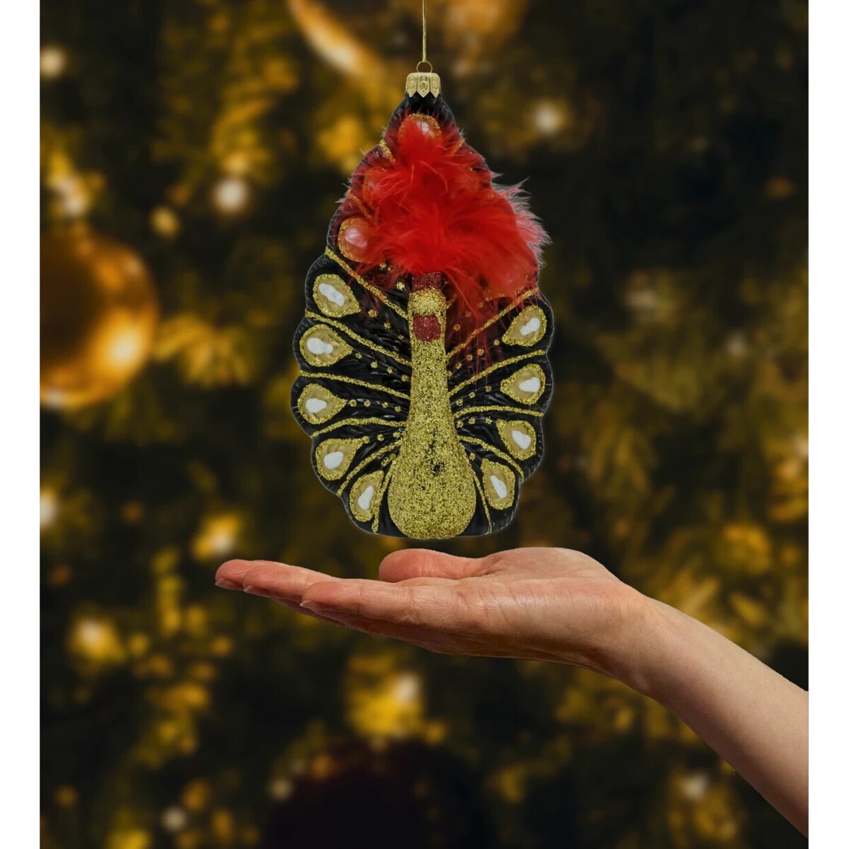 Bombka choinkowa szklana: Paw z piórami: czarno-złoty